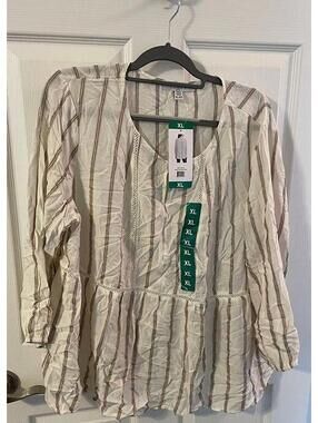 Fever Women's Beige Striped Peasant Blouse Smocked Waist Boho Top Size XL